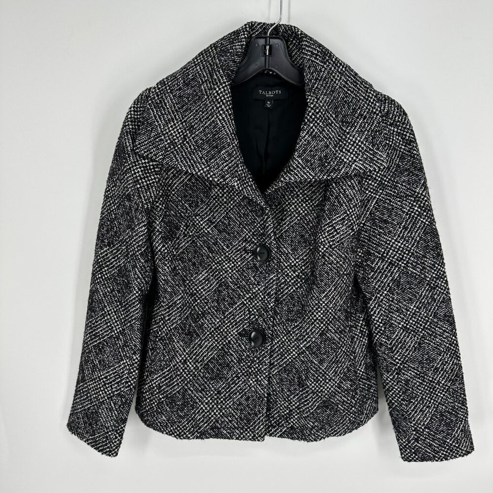 Talbots Wool Plaid Blazer Jacket 8P Metallic Tweed Black White Fold Over‎ Collar